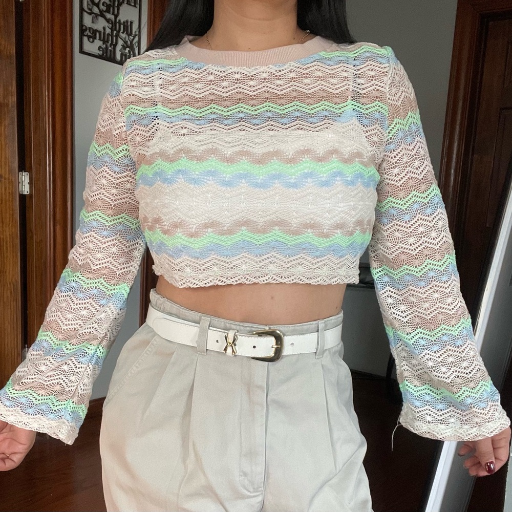 Wild Fable Pastel Striped Lace Crop Top